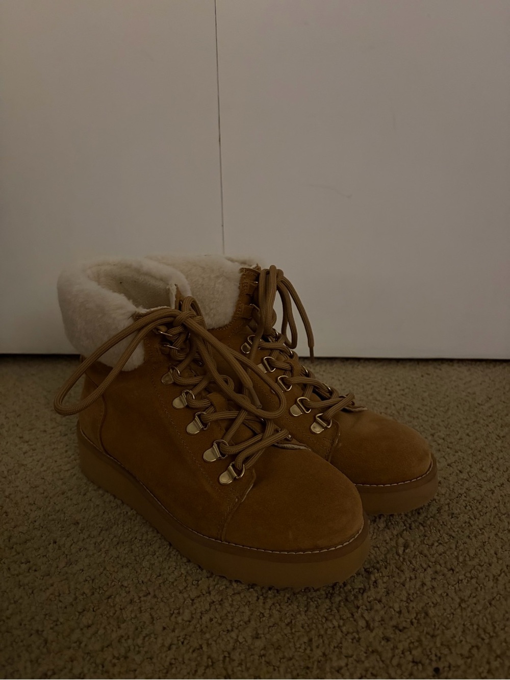 Sam Edelman Tan Suede Lace-Up Shearling Collar Boots